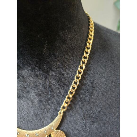 Women's Gold Statement Necklace With Textured Discs And Matching Dangle Earrings - Picture 3 of 5